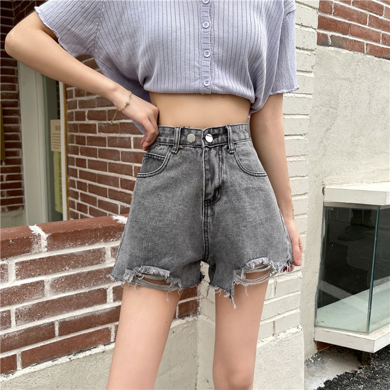 ダブルボタン ダメージショートデニムパンツ S1818