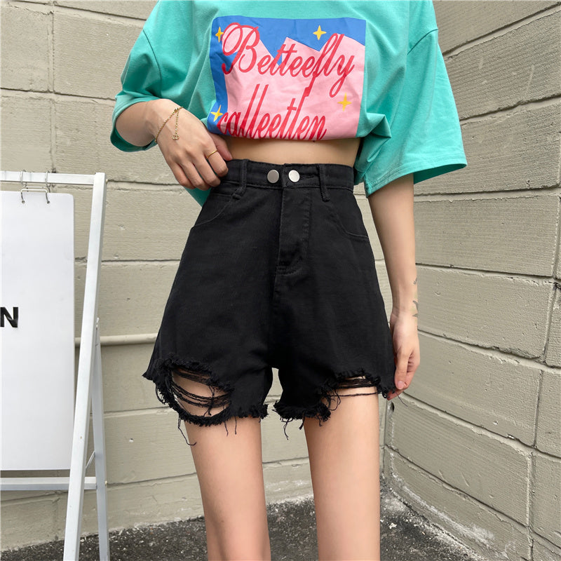 ダブルボタン ダメージショートデニムパンツ S1818