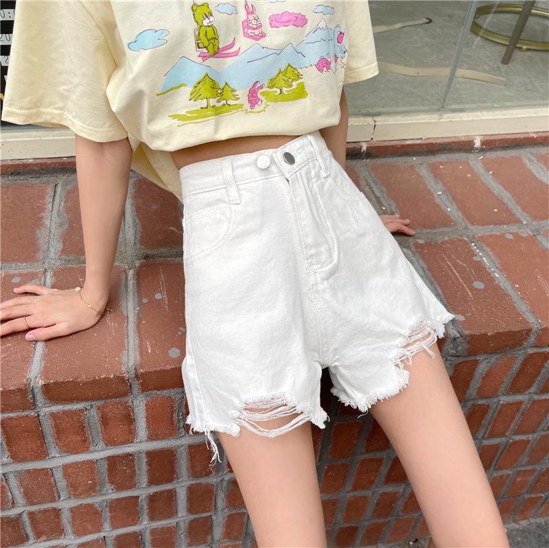 ダブルボタン ダメージショートデニムパンツ S1818