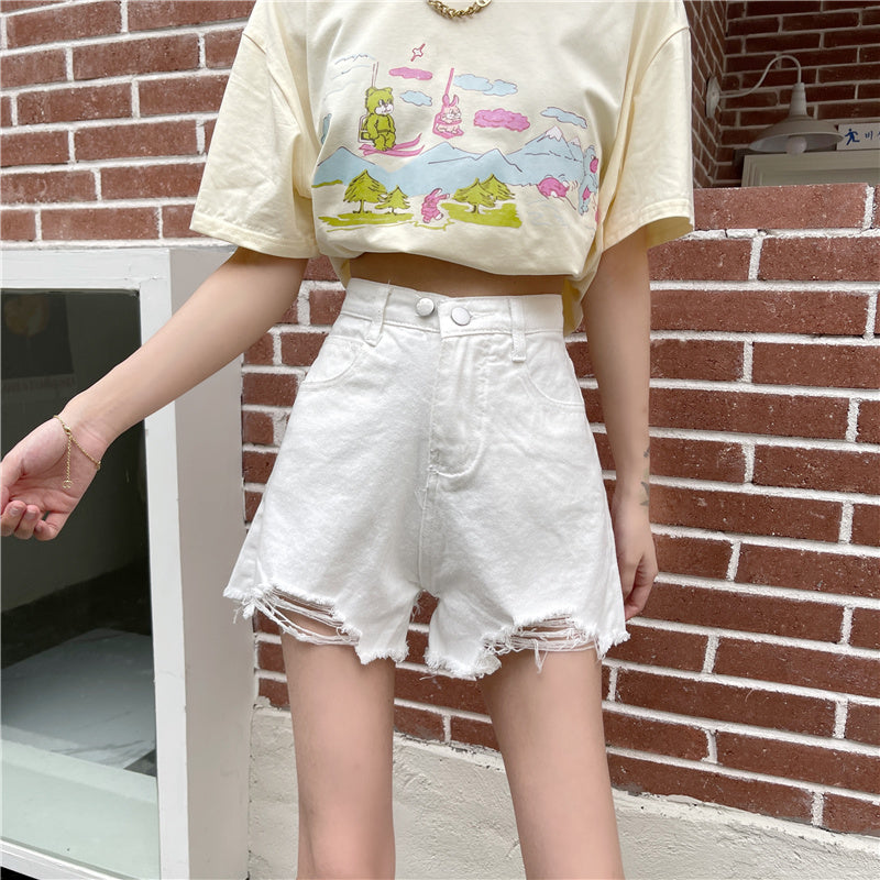 ダブルボタン ダメージショートデニムパンツ S1818