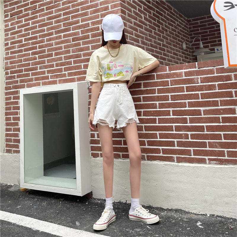 ダブルボタン ダメージショートデニムパンツ S1818