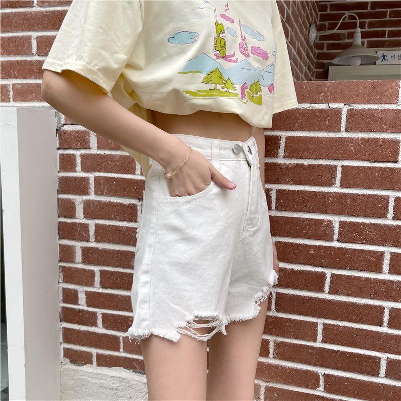 ダブルボタン ダメージショートデニムパンツ S1818