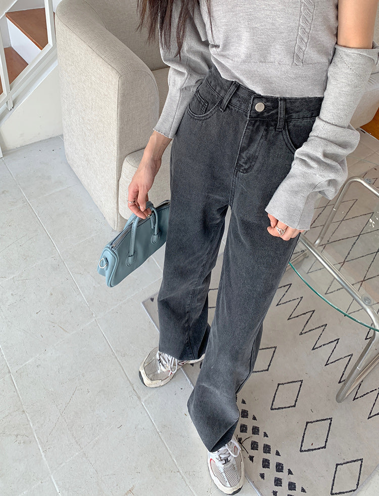 ハイウエストブラックデニムパンツ シンプルで大人可愛い S2547