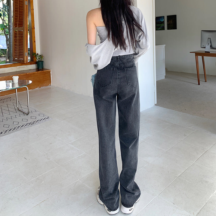 ハイウエストブラックデニムパンツ シンプルで大人可愛い S2547