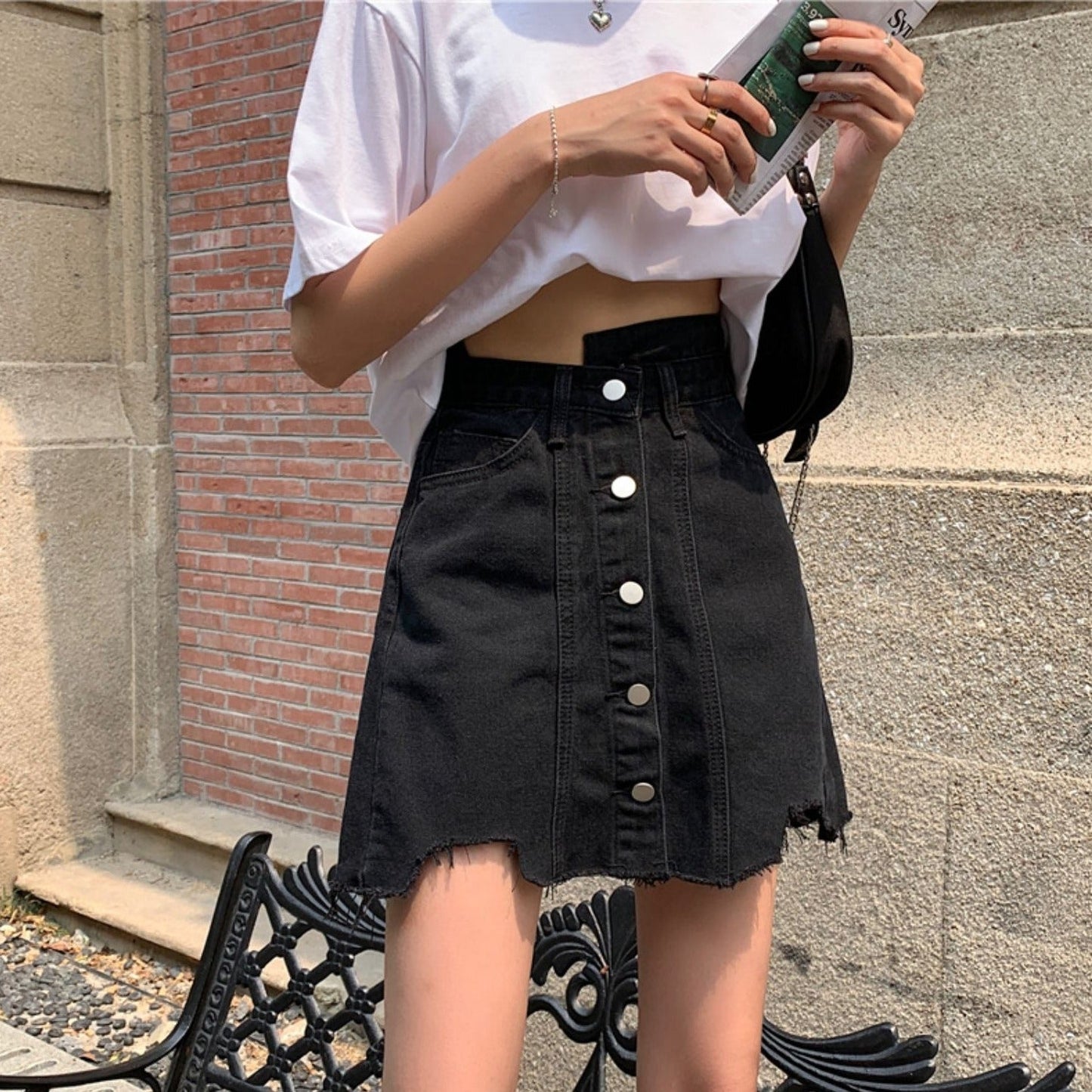 デザインブラックデニムスカート 大人可愛い S2706