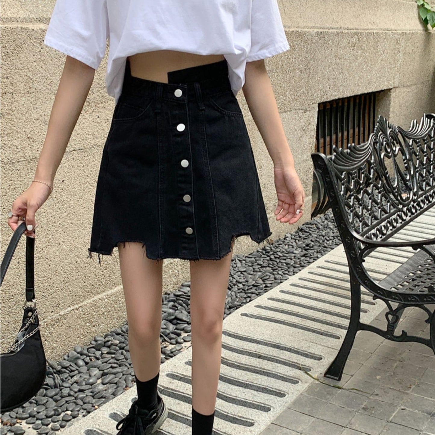 デザインブラックデニムスカート 大人可愛い S2706