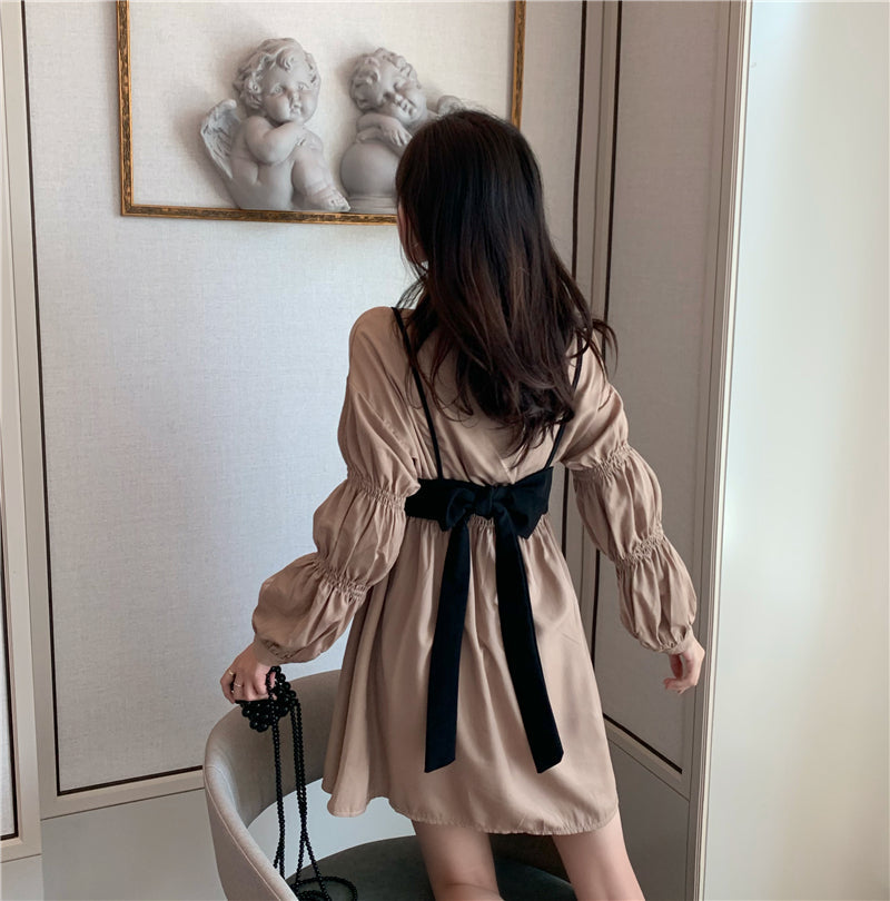 バックリボン付きビスチェシャツワンピース♡ふわ袖でキュート S2610