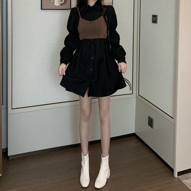バックリボン付きビスチェシャツワンピース♡ふわ袖でキュート S2610