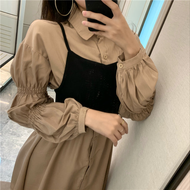 バックリボン付きビスチェシャツワンピース♡ふわ袖でキュート S2610