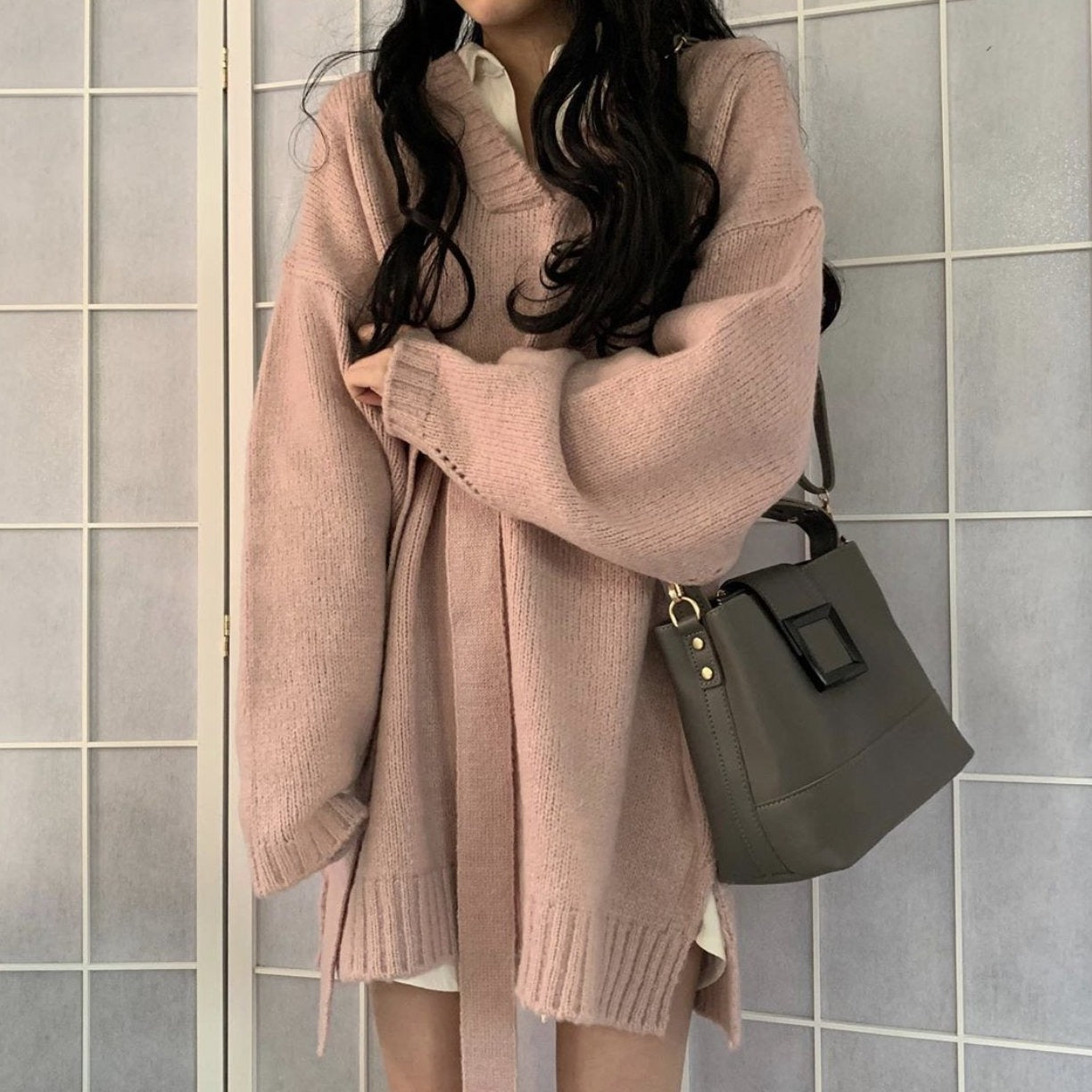 Vネックニットワンピース♡ゆったりドルマンスリーブで大人可愛い S1147