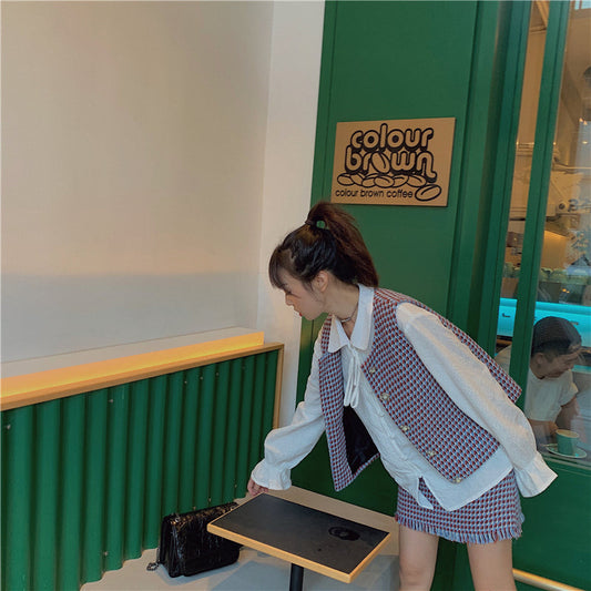 チェックベスト&フリンジスカート&ブラウス 3点セット S1778