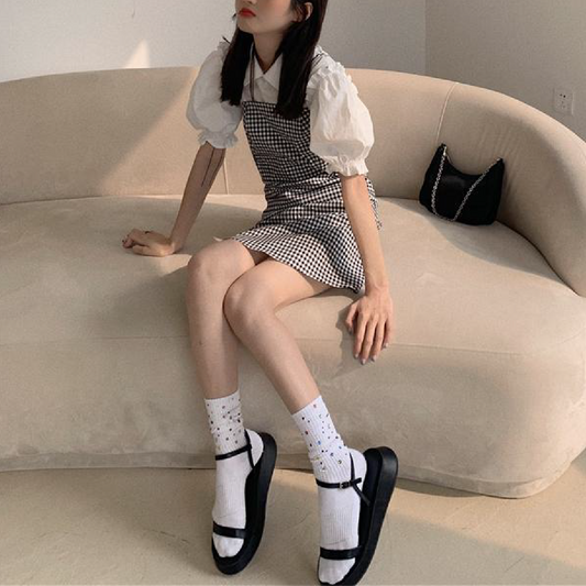 バブルシャツ×ギンガムワンピ 大人可愛いセットアップ S1798