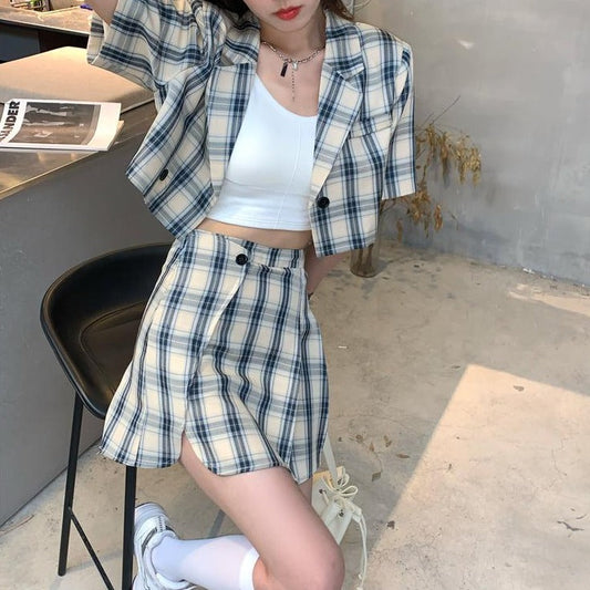 チェック柄ジャケット&スカートセットアップ S1545