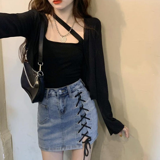 カーディガン&ショルダーデザイントップス かわいい日系スタイル S1749