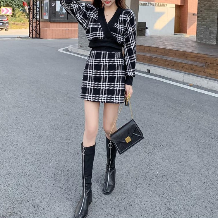 ブラックチェックニットセットアップ♡大人可愛い冬コーデ S2579