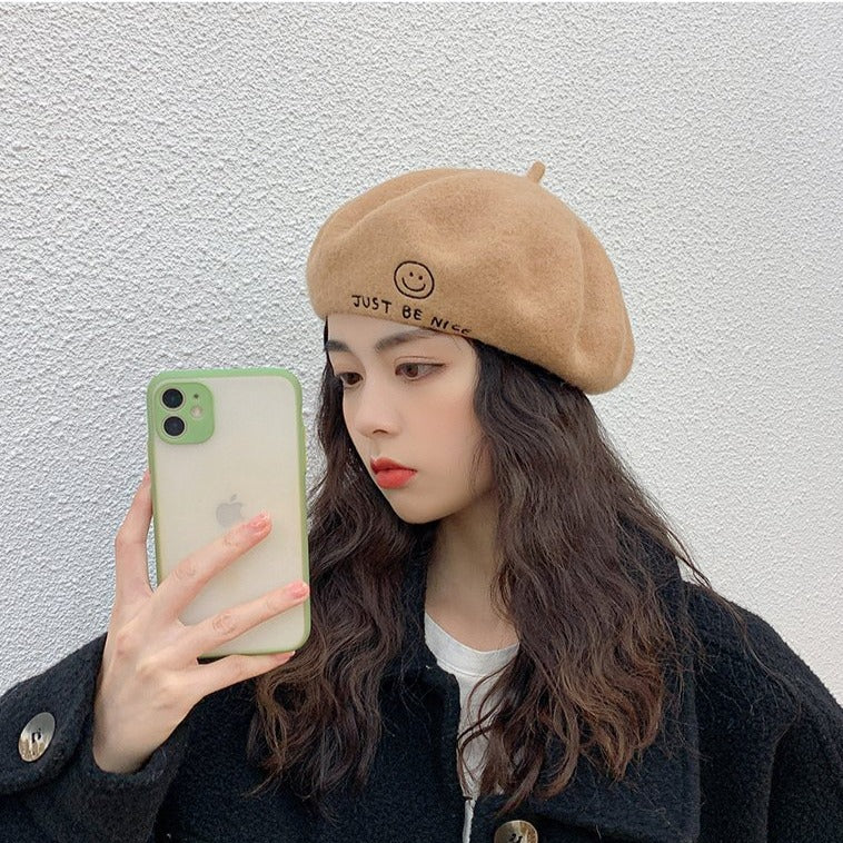 スマイル刺繍のふんわりベレー♡秋冬の定番アイテム S2120
