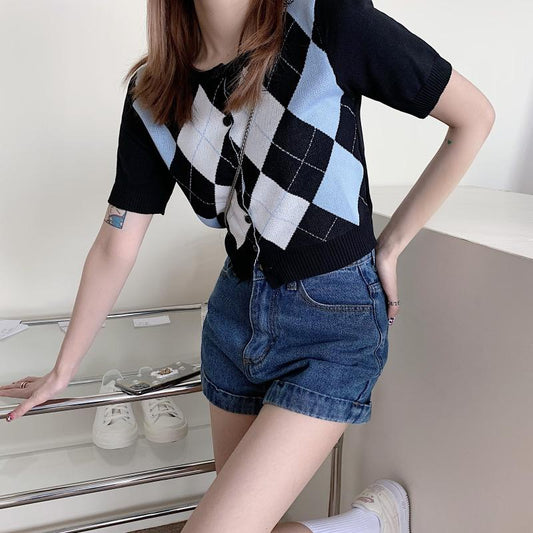 ショート丈チェックカーディガン カジュアルで可愛い S1382