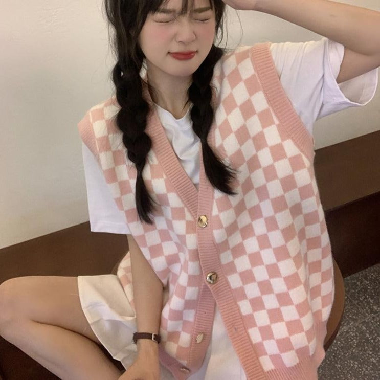 Vネックチェック柄ベスト ユニセックスでおしゃれ♡ S1219