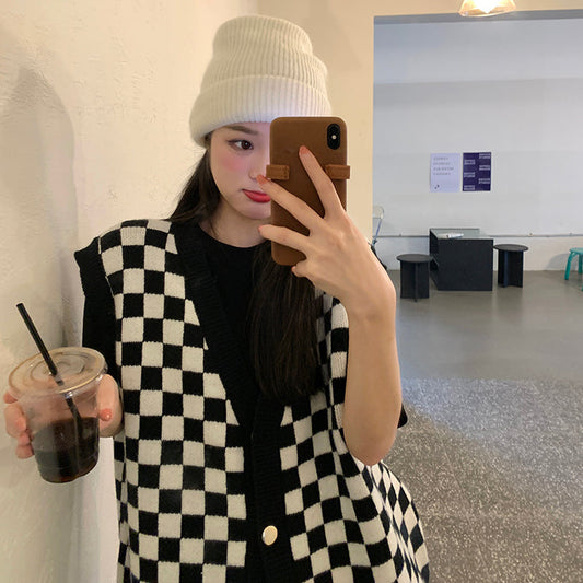 Vネックチェック柄ベスト ユニセックスでおしゃれ♡ S1219