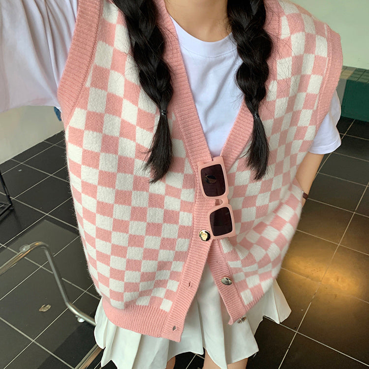 Vネックチェック柄ベスト ユニセックスでおしゃれ♡ S1219