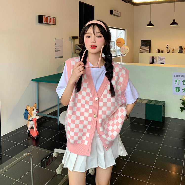 Vネックチェック柄ベスト ユニセックスでおしゃれ♡ S1219