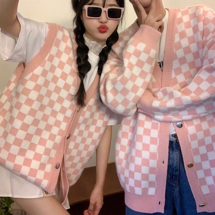 Vネックチェック柄ベスト ユニセックスでおしゃれ♡ S1219