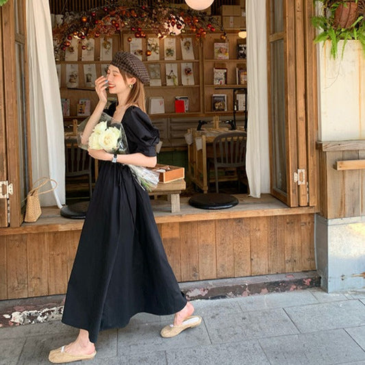 ブラックパフスリーブのフレンチロングワンピース S1516