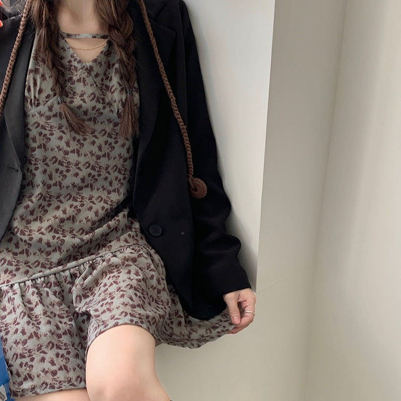Vネック小花柄ワンピース♡レトロフェミニン S1988