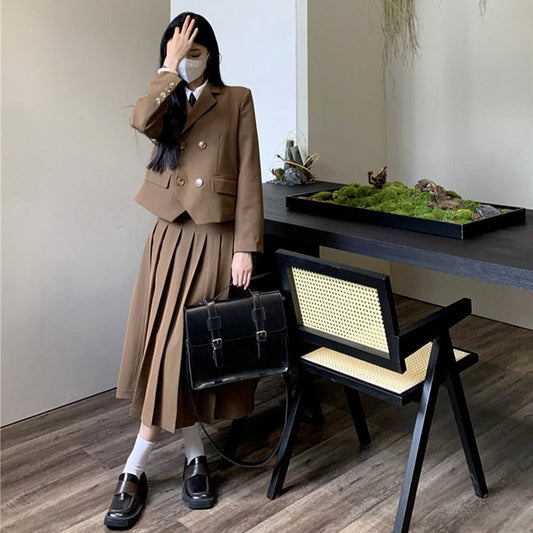 ロングプリーツスカートセット スクール風ジャケットコーデ S1945