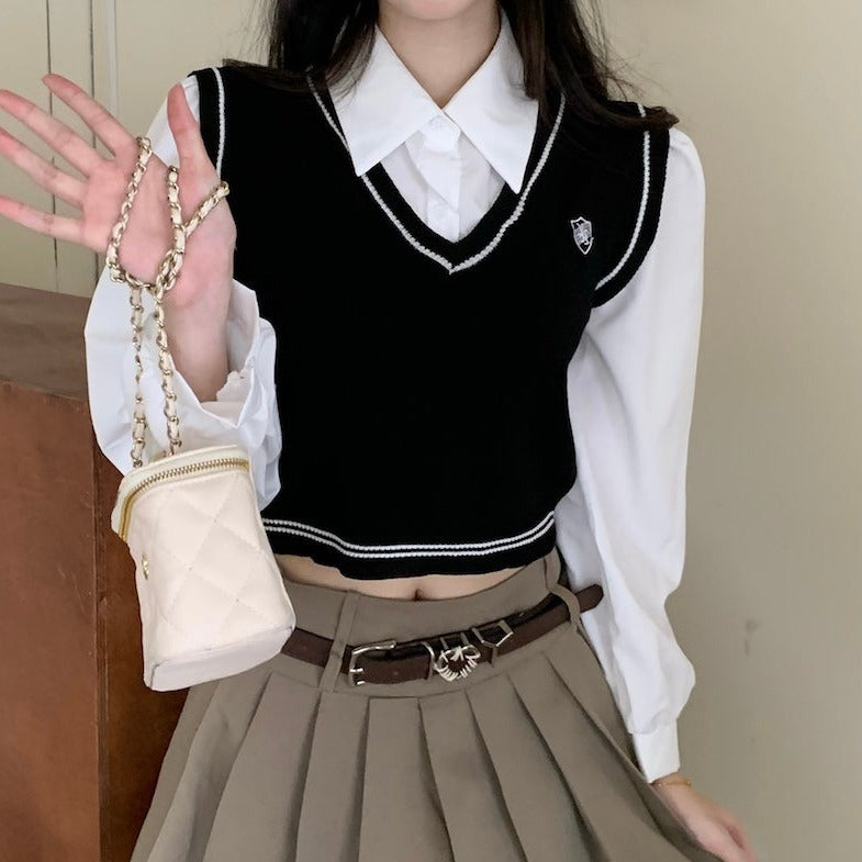 フェイクレイヤードトップス シャツ×ニットベスト風 S1938