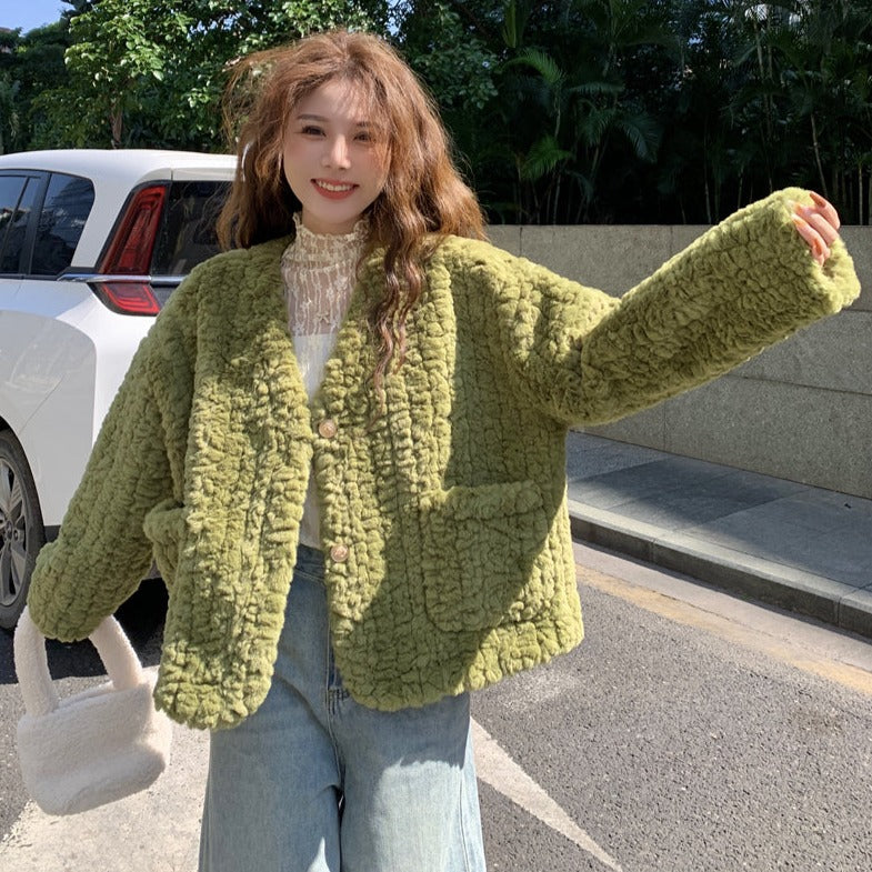 Vネックボアジャケット♡大人可愛いゆったりコート S1103