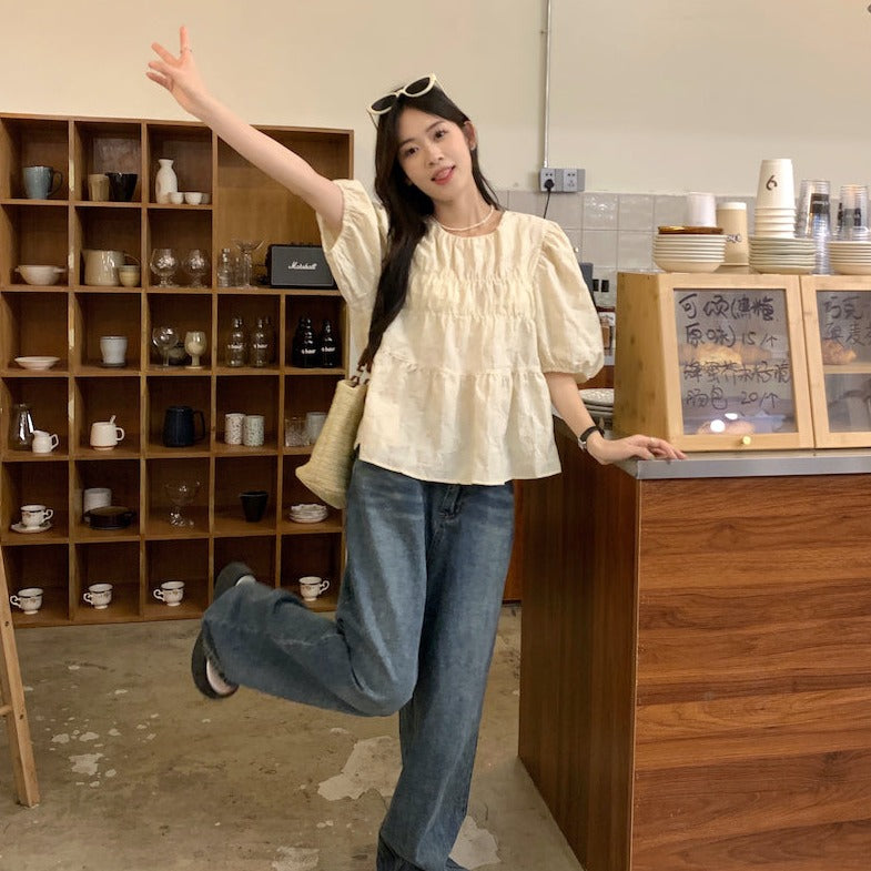 ギャザー半袖トップス♡ふんわり可愛いデザイン S1374