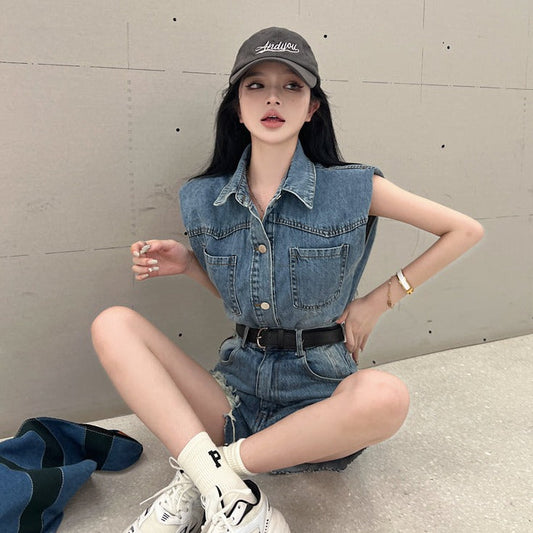 ダメージデニムのクロップドセットアップ S1354