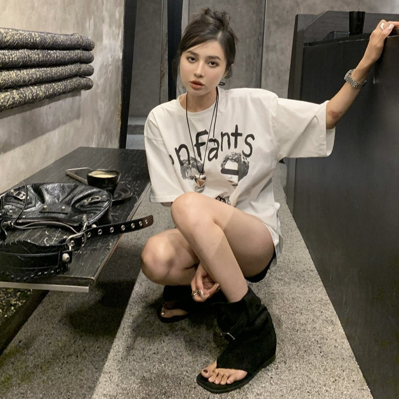 オーバープリントTシャツ ワンサイズ カジュアル可愛い S1357