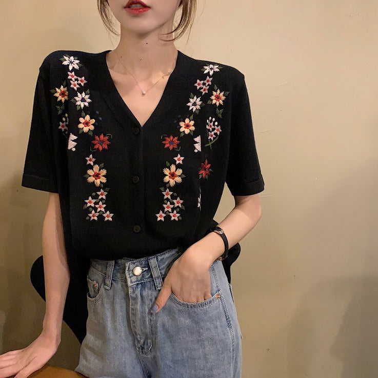刺繍Vネックカーディガン/トップス S1458