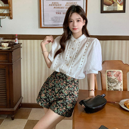 半袖総レースブラウス 花柄刺繍でナチュラルフェミニン S1341