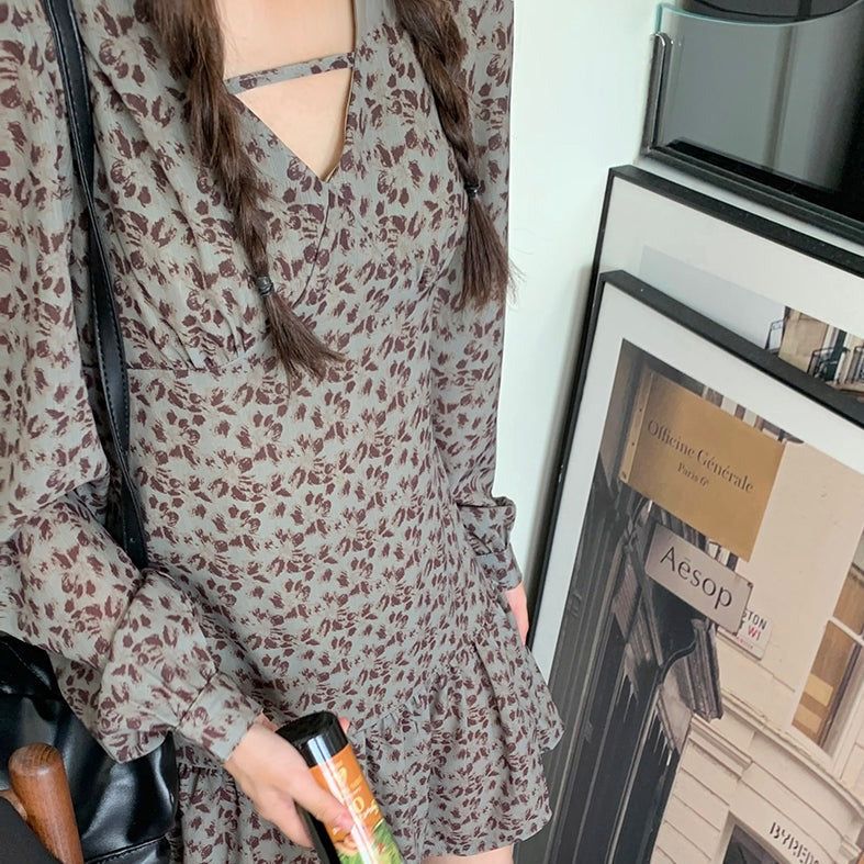 Vネック小花柄ワンピース♡レトロフェミニン S1988