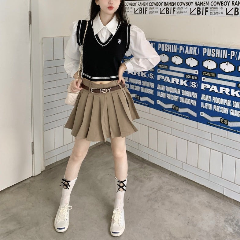 フェイクレイヤードトップス シャツ×ニットベスト風 S1938