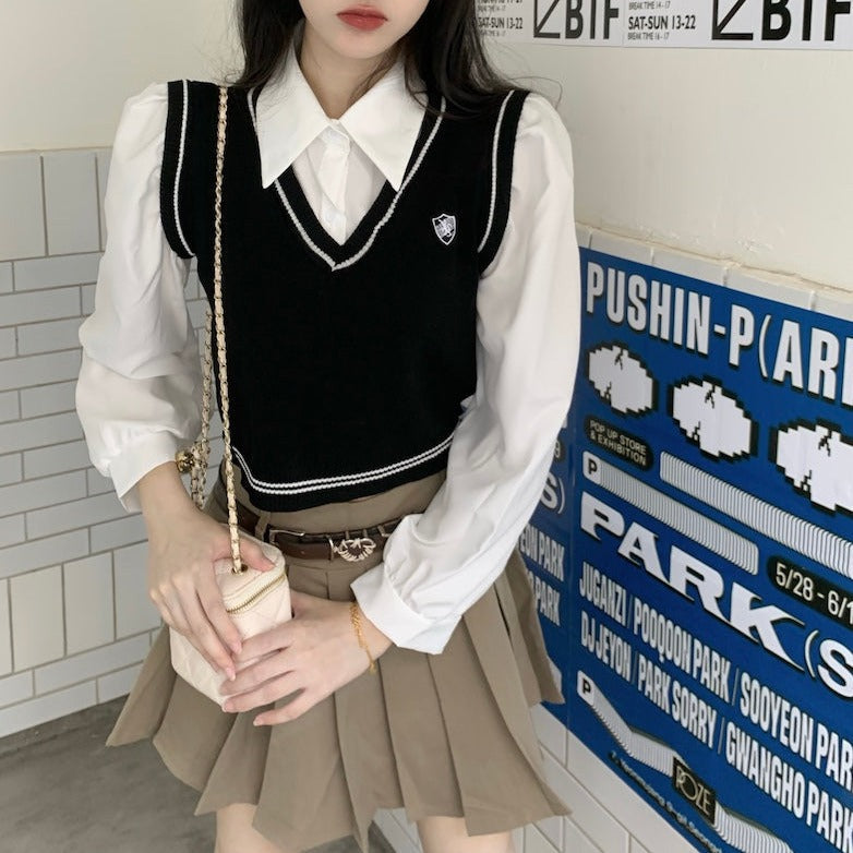 フェイクレイヤードトップス シャツ×ニットベスト風 S1938