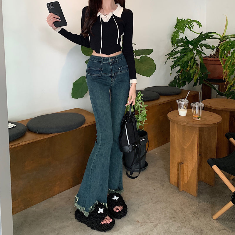 裾フリンジのフレアデニムパンツ♡脚長効果で大人可愛い S1962