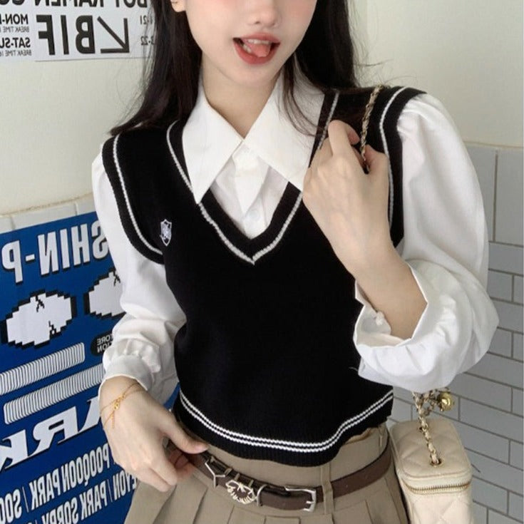 フェイクレイヤードトップス シャツ×ニットベスト風 S1938