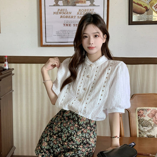 半袖総レースブラウス 花柄刺繍でナチュラルフェミニン S1341