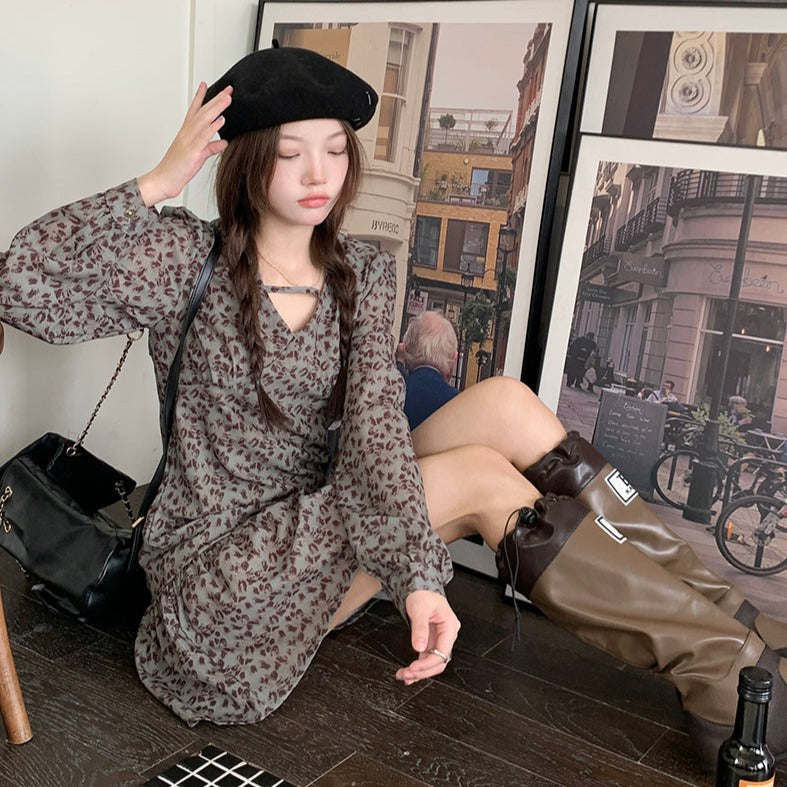 Vネック小花柄ワンピース♡レトロフェミニン S1988