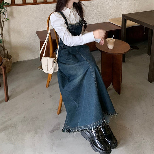 フリンジデニムワンピース カジュアルフェミニンなデザイン S1925