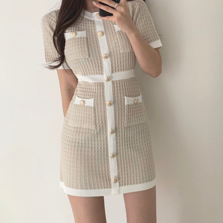 ワッフル金ボタンワンピース♡大人可愛いワンピ S1472