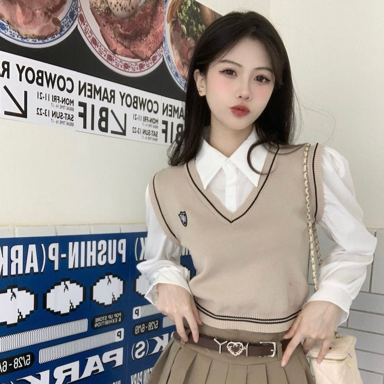 フェイクレイヤードトップス シャツ×ニットベスト風 S1938
