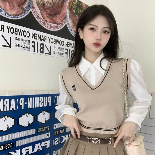 フェイクレイヤードトップス シャツ×ニットベスト風 S1938