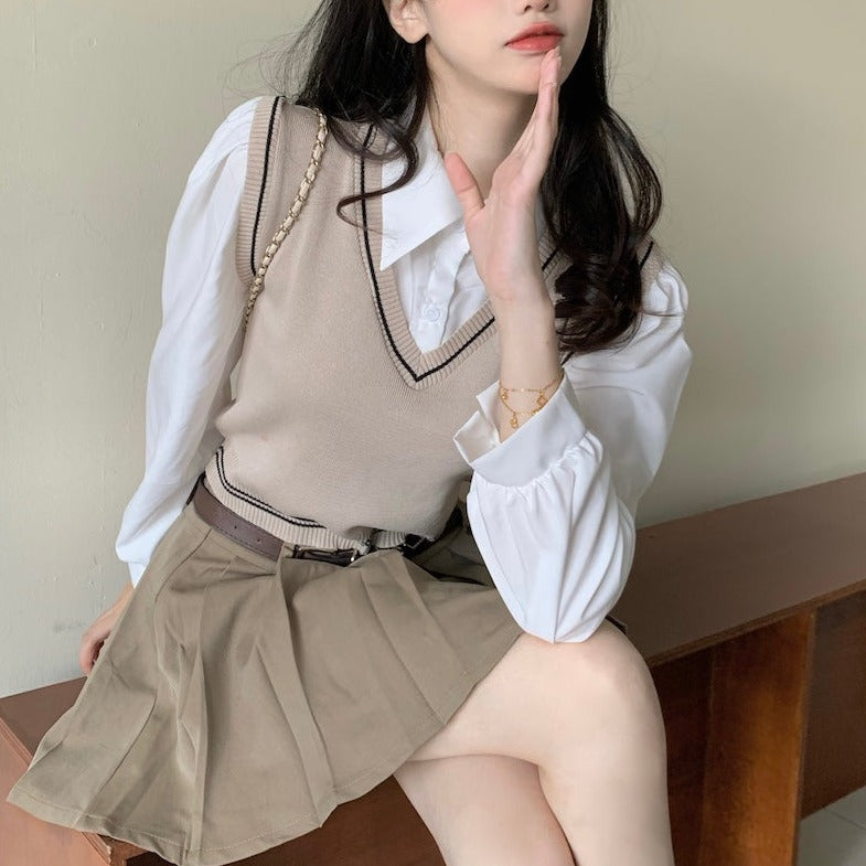 フェイクレイヤードトップス シャツ×ニットベスト風 S1938