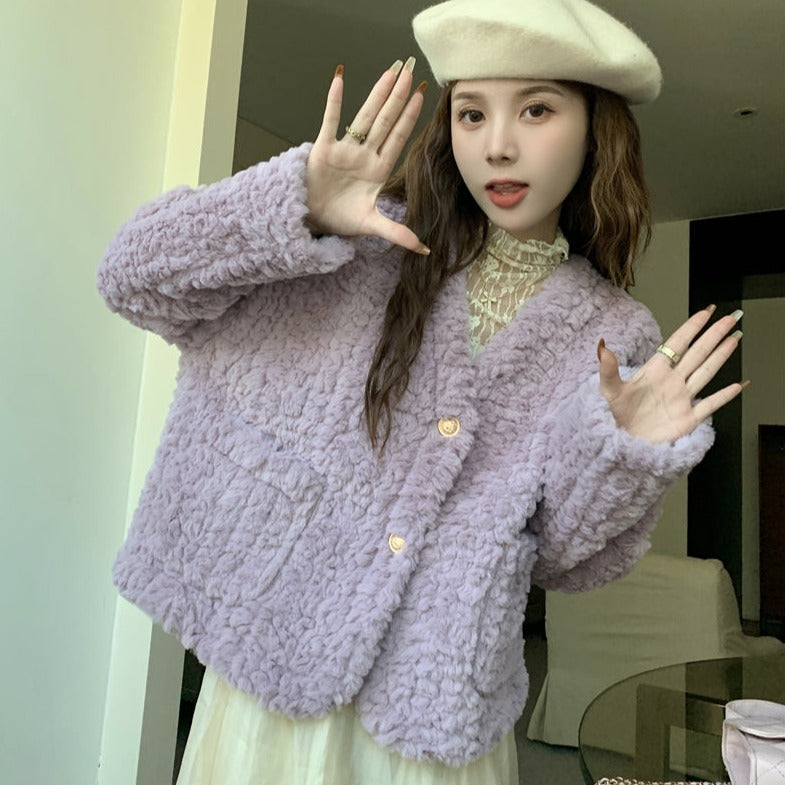 Vネックボアジャケット♡大人可愛いゆったりコート S1103