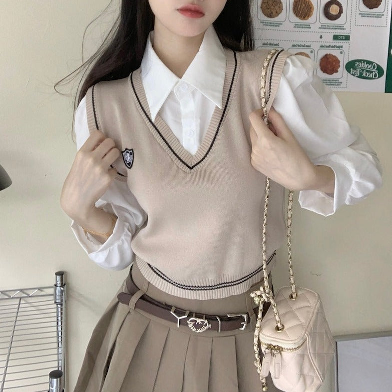フェイクレイヤードトップス シャツ×ニットベスト風 S1938